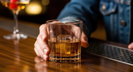 Hand holding whiskey glass on bar counter in warm light atmosphere
