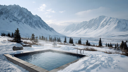 Scenic view of a hot spring surrounded by snow-covered mountains.