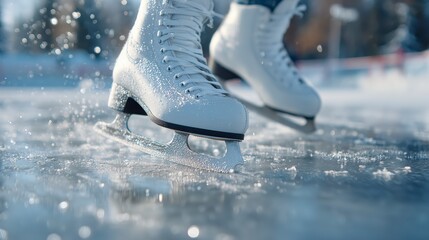 close-up of ice skates gliding smoothly on frozen rink, winter snow