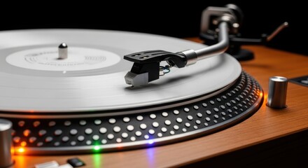 Vintage turntable with white vinyl record and illuminated dots in close-up view