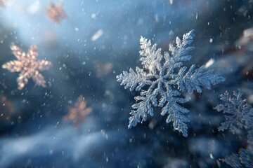 falling snowflakes, soft snow, winter background, white and transparent snow crystals