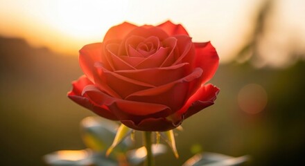 Vibrant Red Rose Glowing with Warm Sunlight During Golden Hour