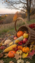 Thanksgiving harvest basket on fall background. Thanksgiving cornucopia fall scene with pumpkins