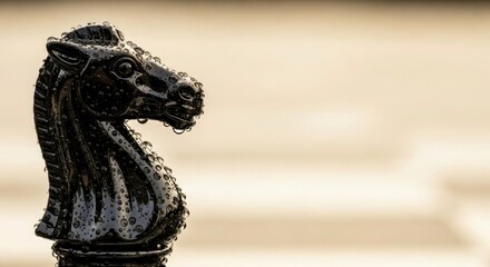 Close up of a Black Chess Knight Covered in Shimmering Water Droplets