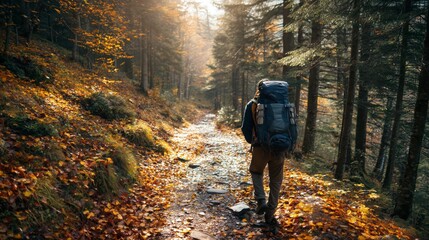 hiker with a big backpack walking along a forest hiking trail, autumn leaves covering the ground, golden sunlight through trees