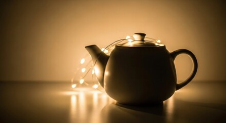Cozy White Teapot Illuminated by Delicate Golden String Lights