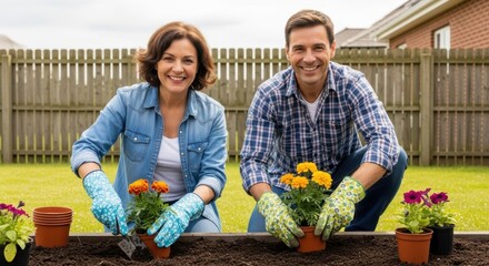 Caucasian adults gardening with flowers in backyard