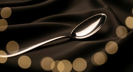 Elegant Silver Spoon on Dark Fabric with Golden Bokeh Lights