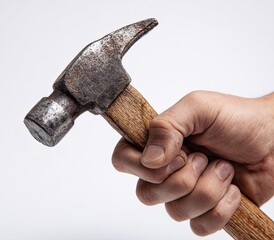 A hand gripping a rusty claw hammer