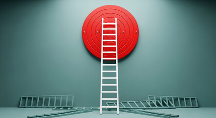 Image of a white ladder reaching a red target, with fallen ladders around. Symbolizes achievement, goal, success, ambition and reaching a objective