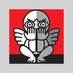 A man with wings experiences shame, guilt and remorse. Concepts of burnout, stress and depression. Vector illustration.