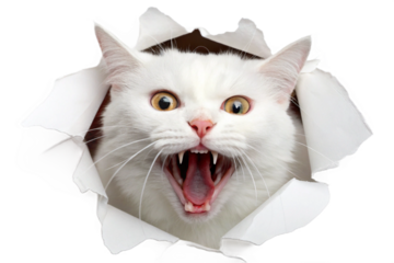 Angry white cat background-transparent photo material. Surprise. Shock. Raging fury. Threatening. Alert. Danger.