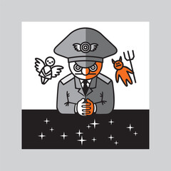 Man in a military uniform listens to Still Small Voice of Conscience. Traditional images of an angel and a demon symbolize big internal struggle between good and evil. Vector graphic illustration.