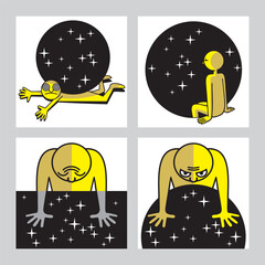 Mental health, feelings and emotions. Psychological concept of burnout; stress, depression. Connection between man and Universe. Vector illustration, graphic image, drawing.