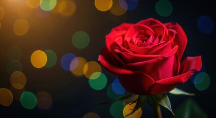 Vibrant Red Rose with Dew Drops Against Sparkling Bokeh Lights