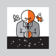 One man in a suit listens to Still Small Voice of Conscience. Traditional images of an angel and a demon symbolize big internal struggle between good and evil. Vector graphic illustration.