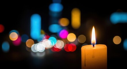Warm Candle Flame Against a Blurred Background of Colorful City Lights