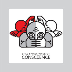 One person listens to Still, Small Voice of Conscience. Traditional  images of an angel and a demon symbolize big internal struggle between good and evil. Vector illustration.