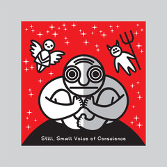 One person listens to Still, Small Voice of Conscience. Traditional  images of an angel and a demon symbolize big internal struggle between good and evil. Vector illustration.