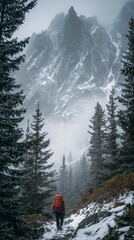 hiker with a large backpack walking along a snowy winter mountain trail, surrounded by pine trees and snowy peaks, adventure mood
