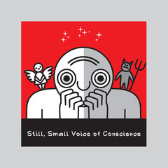 One person listens to Still, Small Voice of Conscience. Traditional  images of an angel and a demon symbolize big internal struggle between good and evil. Vector illustration.