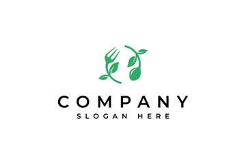 Healthy food logo with a spoon and fork icon combined with natural leaves in a flat design concept