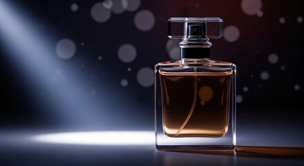 Elegant Glass Perfume Bottle with Golden Liquid on Dark Background