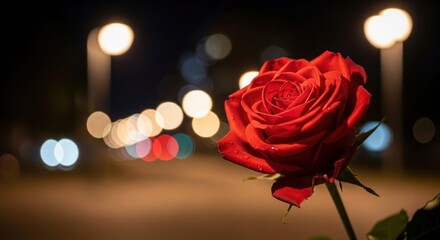 Vibrant Red Rose with Dew Drops Against Blurred Night City Lights Bokeh