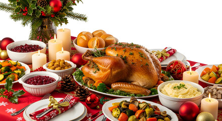 A festive Christmas table filled with delicious food, featuring a roast turkey, side dishes, and holiday decorations. The table is set with candles and is ready for the Christmas celebration.
