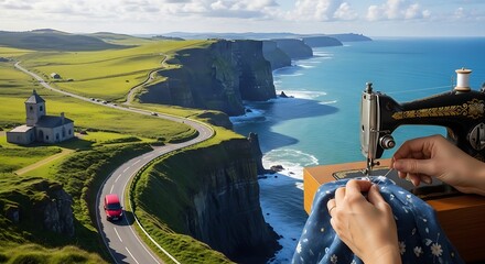 Sewing machine with ireland landscape, cliffs of moher and a pink bus on the road in background
