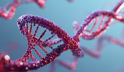 Close-up of a vibrant, detailed double helix structure against a soft, blue backdrop