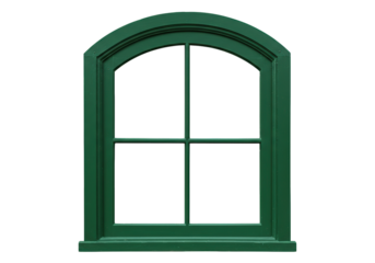 Green arched window frame isolated on transparent background, architectural element PNG