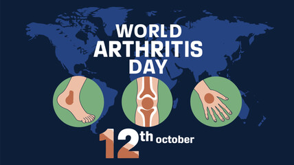 Vector art of world arthritis day on october 12th, illustrated with joint pain icons and a world map background, raising awareness for the global health condition