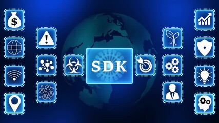 Software Development Kit concept with global network icons and business analytics data flow for technology innovation and digital transformation - Powered by Adobe