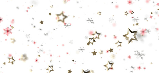 Festive abstract background with gold stars and snowflakes falling on a white backdrop, perfect for holiday designs and seasonal concepts.