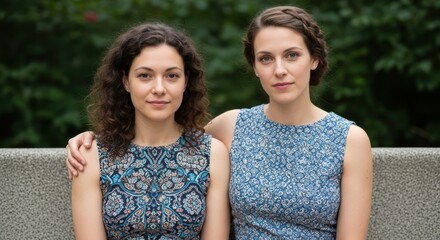 Two young caucasian females seated on outdoor bench