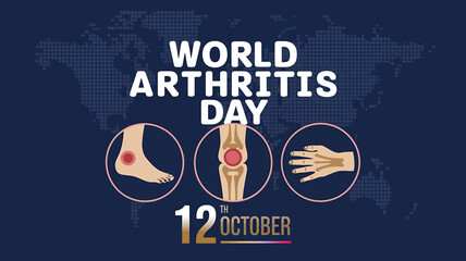 Vector art of world arthritis day on october 12th, depicted with icons of painful joints and a world map, emphasizing global awareness for this prevalent health issue
