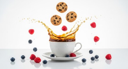 A dynamic splash of coffee erupts from a white cup and saucer, with chocolate chip cookies, raspberries, and blueberries frozen in midair