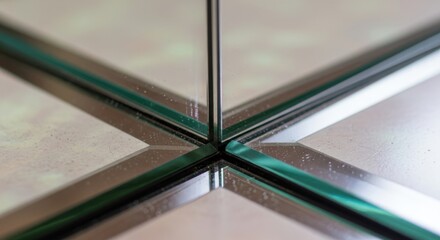 Close-up of modern geometric glass corner with reflective surfaces