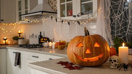 Halloween carved pumpkin on the kitchen counter with candle lights and Halloween decorations. -