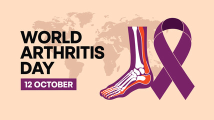 Vector art of world arthritis day on october 12, depicted with a skeletal foot illustration, a purple ribbon, and text against a world map backdrop