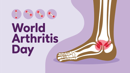 Vector art of world arthritis day graphic featuring a foot and ankle joint, illustrating pain and inflammation with small icons, promoting awareness for joint health