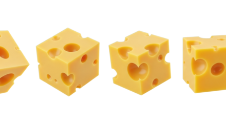Transparent tray with perforated cheese cubes arranged side by side. Cheese tasting, snacking, and love concept, png.