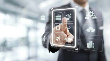 Businessman in a suit interacting with a futuristic virtual interface displaying icons such as briefcase, target, handshake, airplane, lightbulb, and cloud, symbolizing modern business, innovation, an