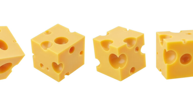 Transparent tray with perforated cheese cubes arranged side by side. Cheese tasting, snacking, and love concept, png.
