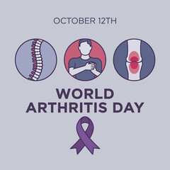 Vector art of world arthritis day on october 12th, illustrating joint pain, a person holding chest, and spine with a purple ribbon