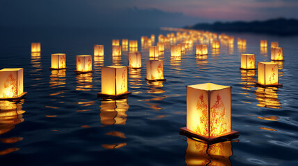 Peaceful floating lanterns on the ocean during Itoman illumination festival at twilight evening
