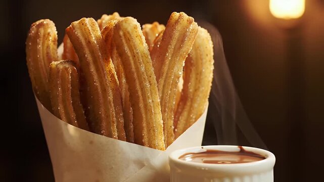 Hot Steaming Spanish Churros with Chocolate Dipping Sauce.