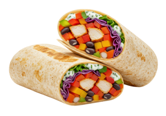 Delicious chicken burrito cut in half isolated, filled with fresh vegetables and sauce