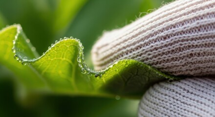 Close-up of dew-covered leaf with gloved hand touching in lush greenery